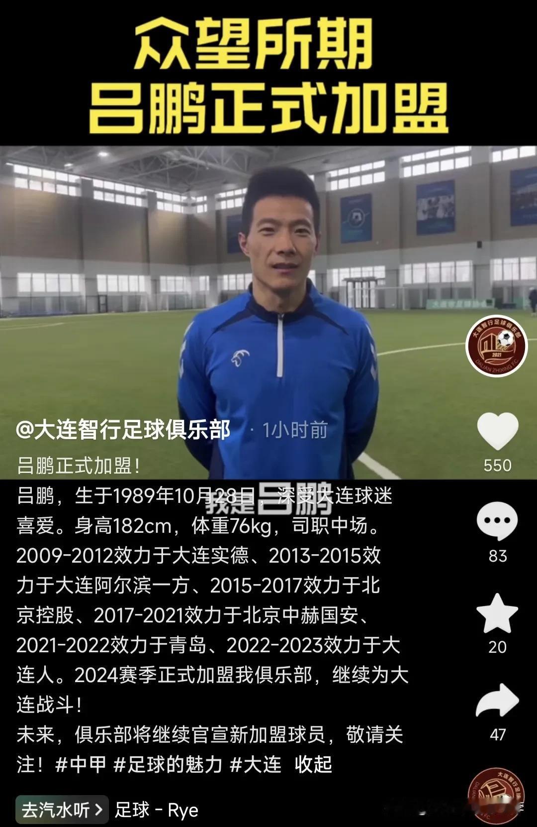 大连智行队冬窗第一宣，宣布前大连人队中场球员吕鹏加盟球队。
 #大连足球#