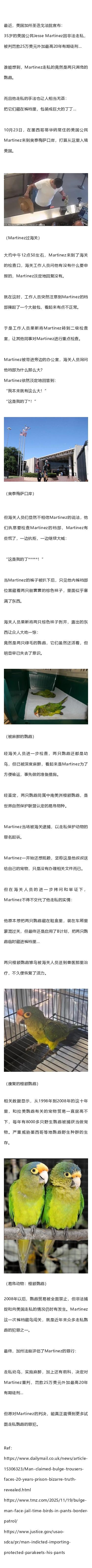 美国男子裆部鼓包闯海关，坚称自己那里很大，结果被掏出来两只鹦鹉？？！ ​​​