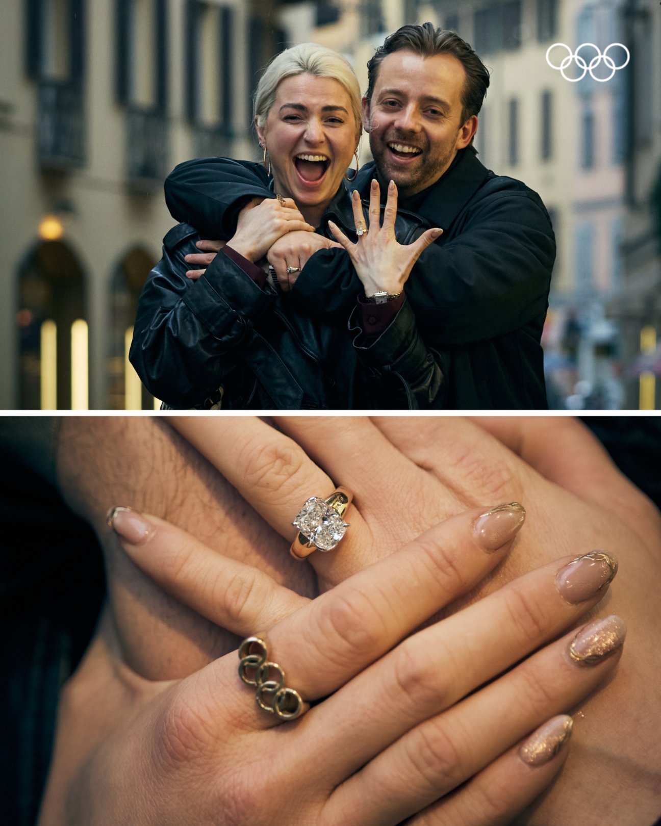 米兰科尔蒂纳冬奥会增加了一些闪光💍✨情人节当天，让-吕克·贝克在米兰街头单膝跪