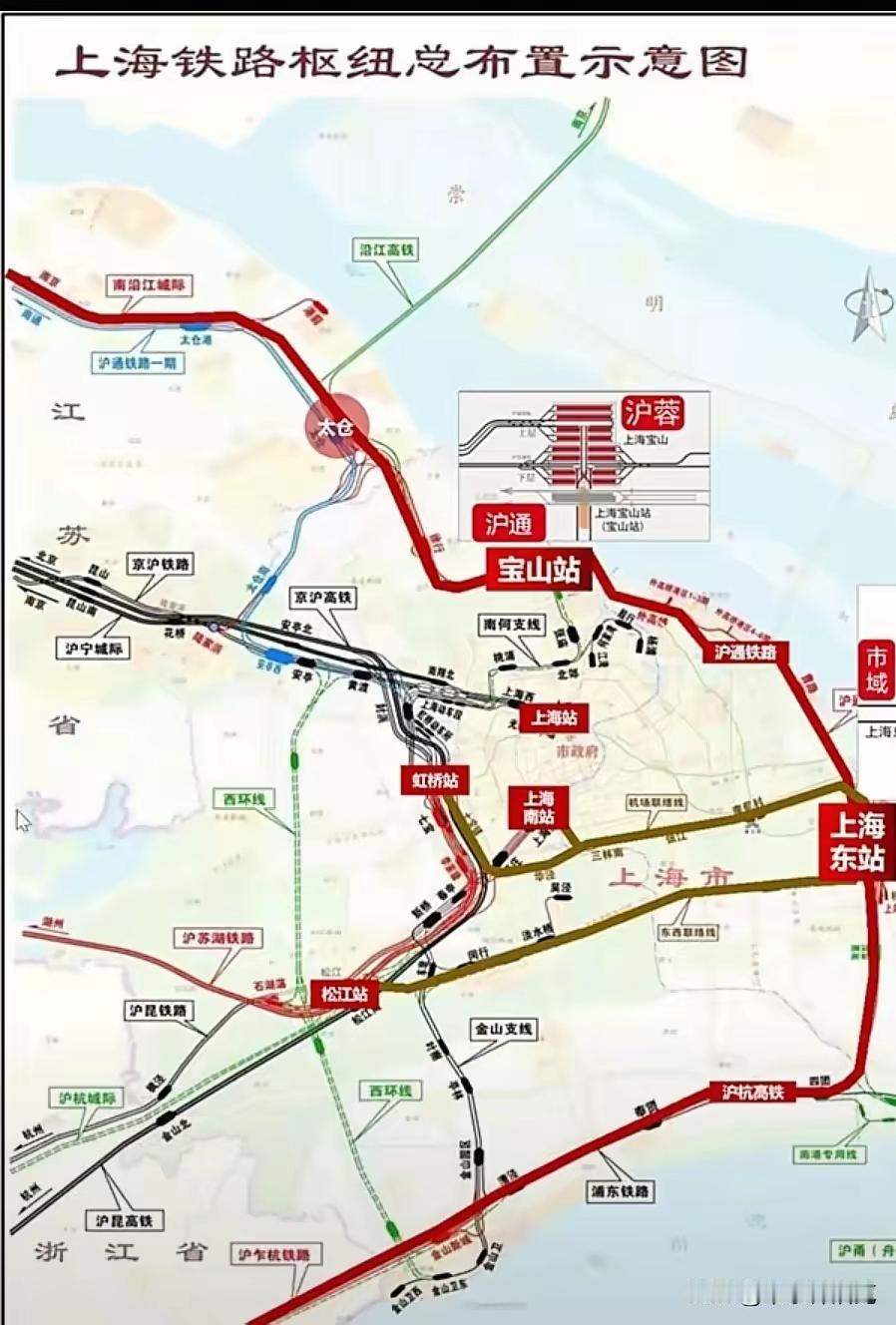 上海东站建成后，四条线路接入，这可太让人期待了！尤其是沪通铁路连接上海宝山站，这