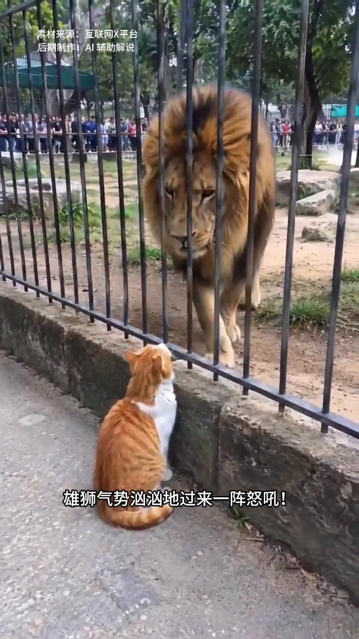小猫蹲在栅栏外好奇的看着里面的雄狮，雄狮气势汹汹的过来一阵怒吼把猫咪吓了一跳。冷