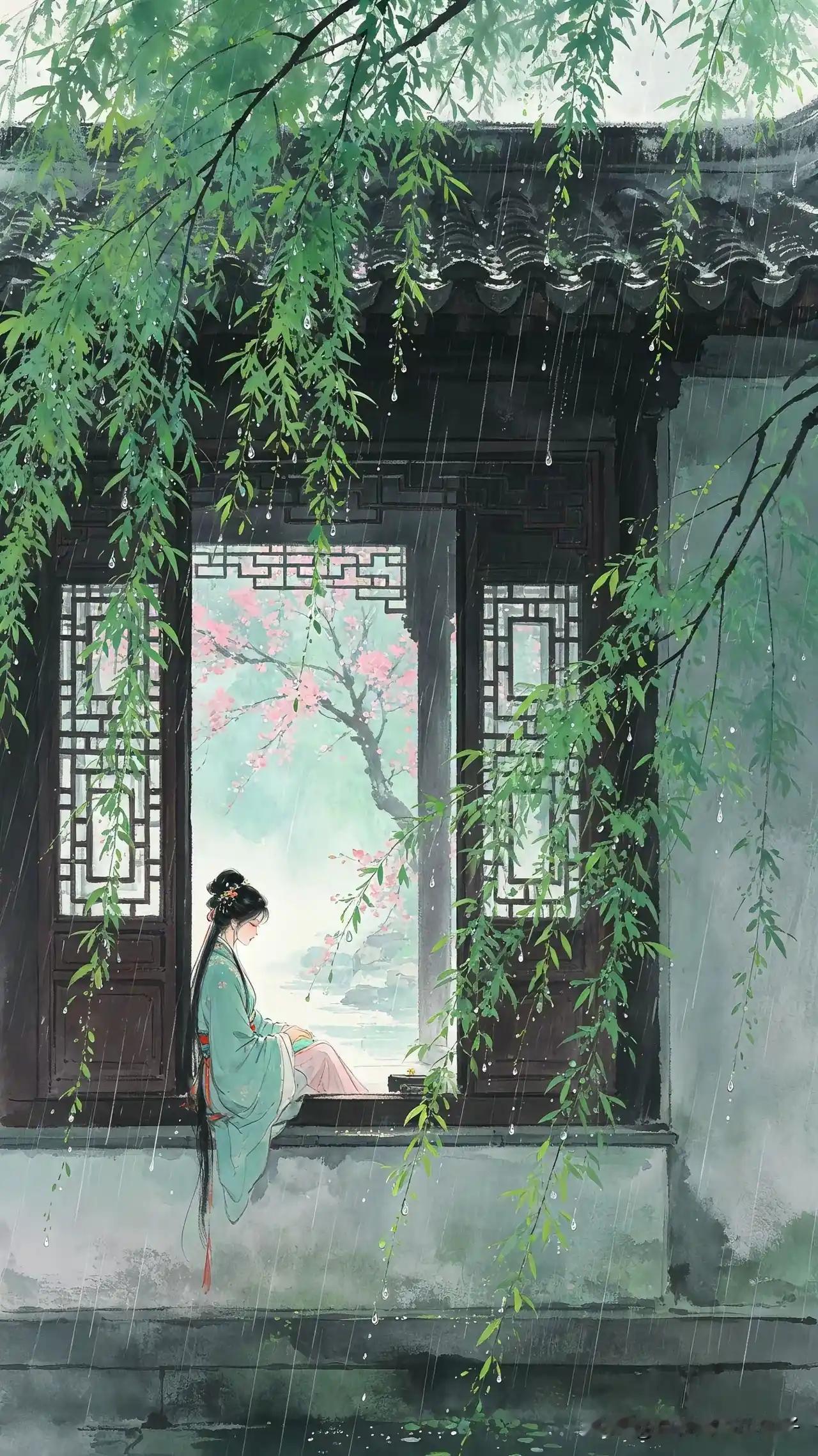 画堂人静雨濛濛，
深锁春光一院中。
杨叶自垂珠泪湿，
人瘦黄花帘卷风。