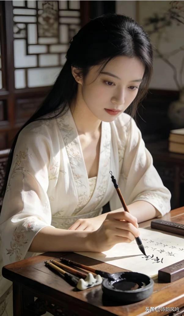 晴光漫洒小书窗，
素腕挥毫落墨香。
写尽人间风月事，
胸怀锦绣著华章。