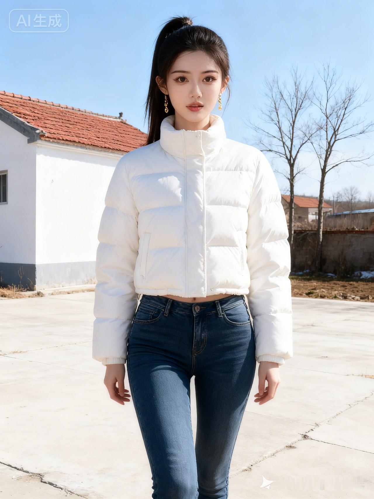清丽美人身着白色短款羽绒服，搭配紧身牛仔裤，高马尾利落清爽。户外浅色水泥地旁，白