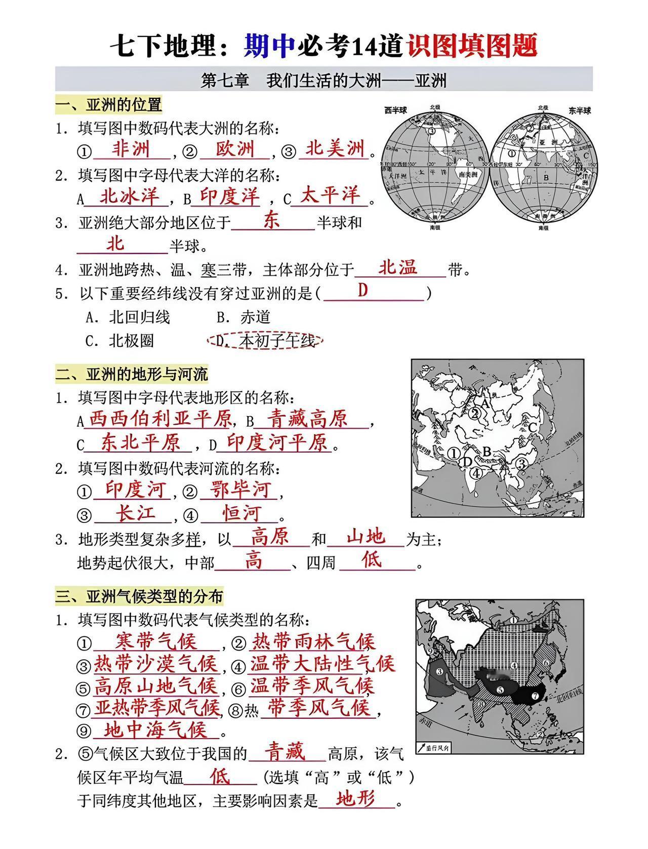 七年级下册地理 七年级下册生物 知识点总结 必考考点