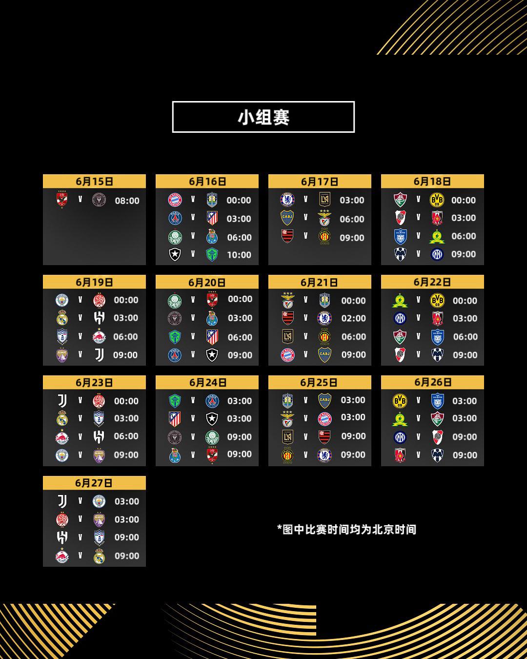 🏆2025国际足联俱乐部世界杯

📆小组赛：北京时间6月15日—6月27日