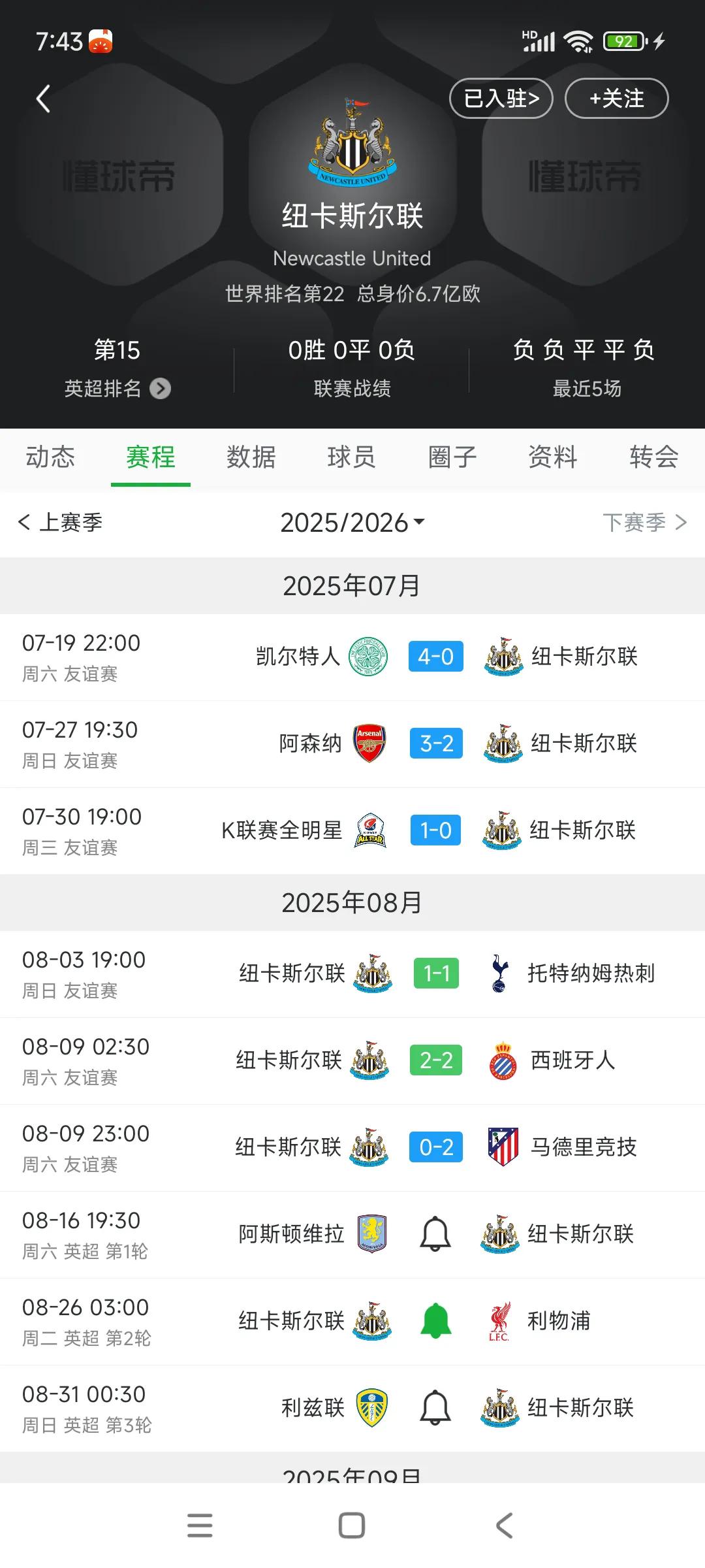 纽卡斯尔热身赛最近不理想，英超第二轮就对战利物浦，今年夏天的仇人见面！！

踢完