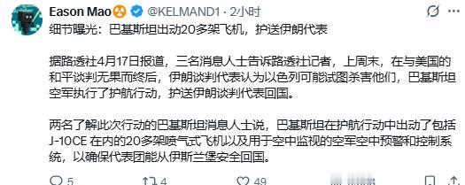 细节曝光：巴基斯坦出动20多架飞机，护送伊朗代表据路透社4月17日报道，三名消息