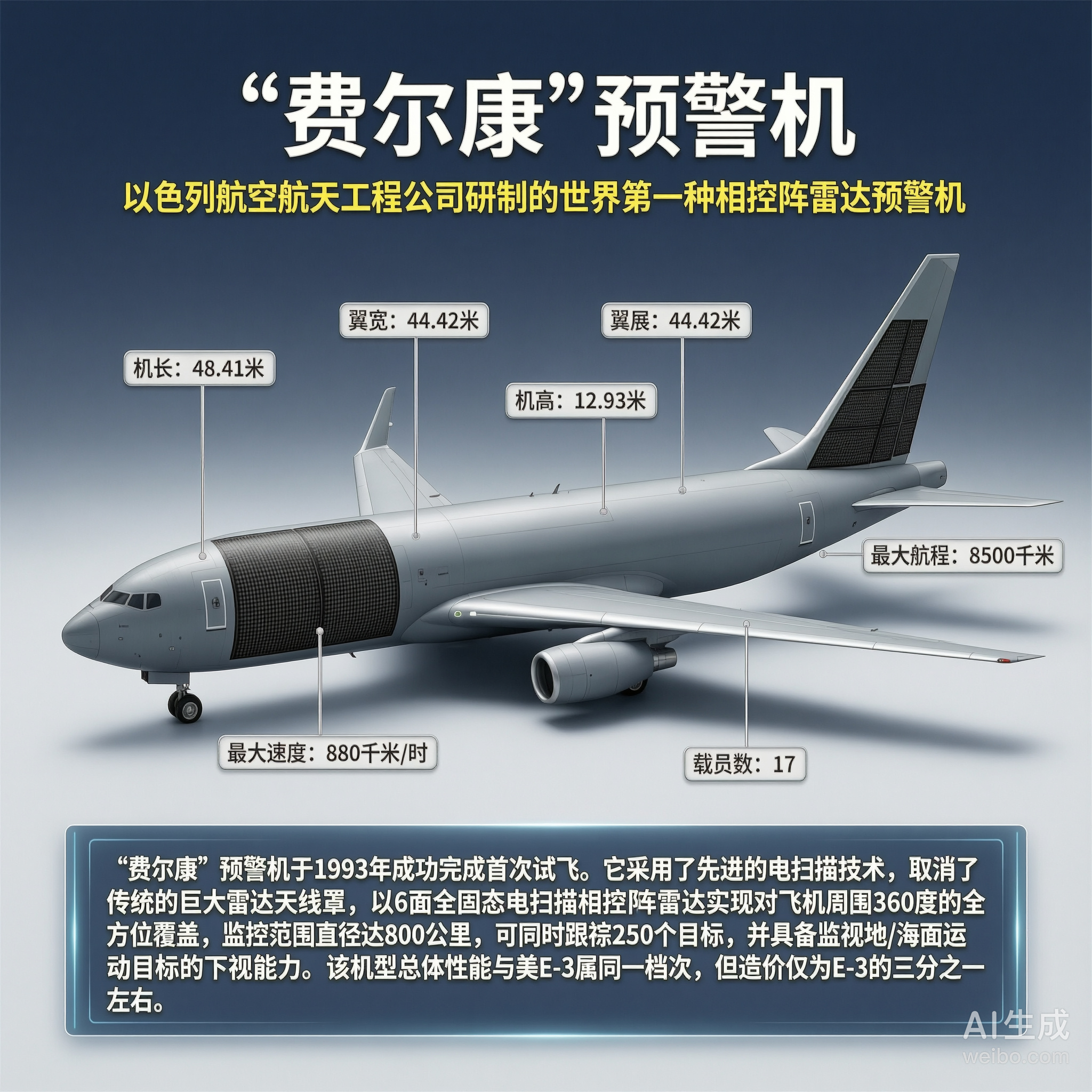军事ai新视野 “费尔康”预警机［以色列］机长：48.41米翼展：44.42米机