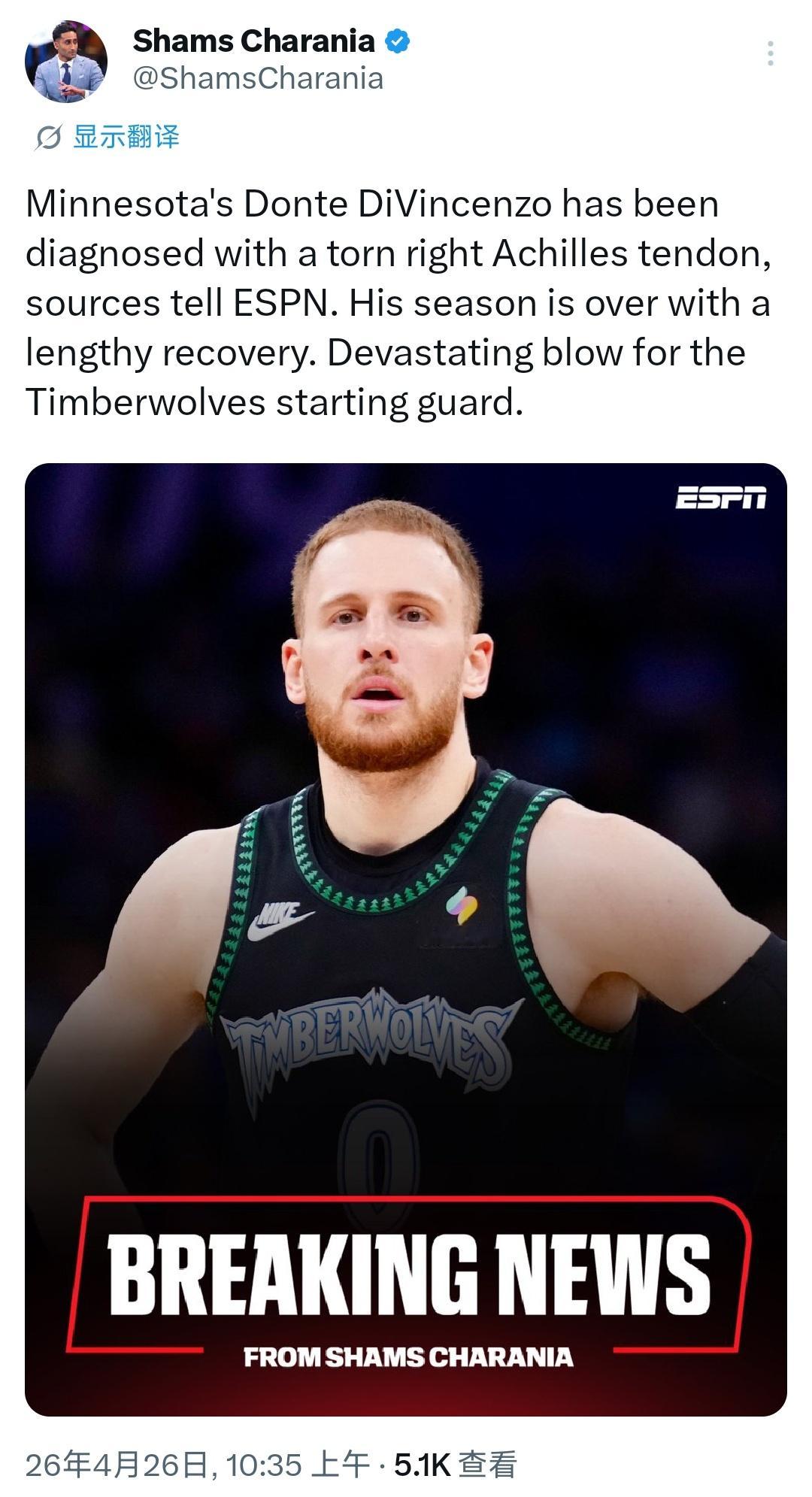 迪文琴佐右脚跟腱撕裂，赛季报销。早日康复