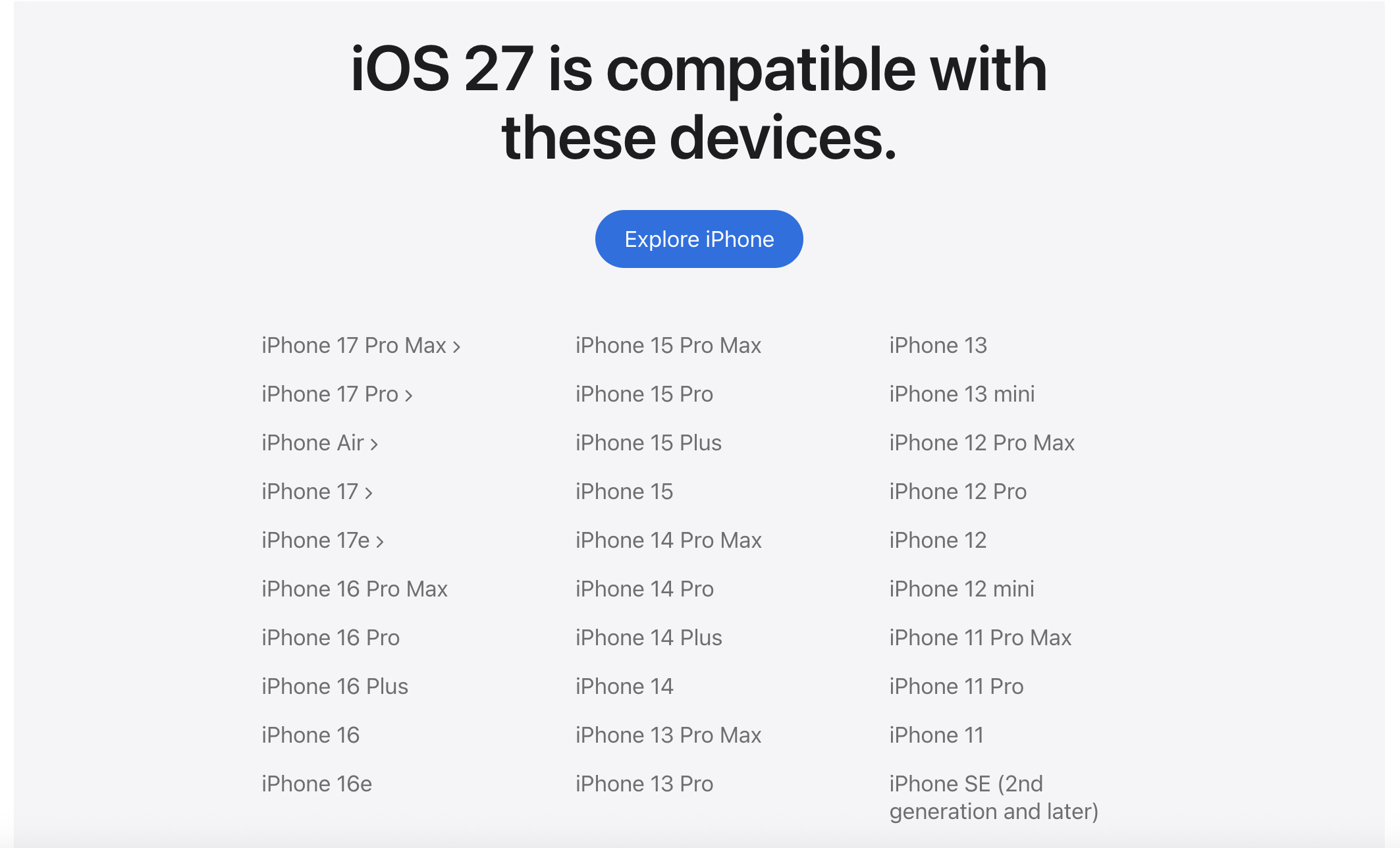 iOS27适配机型公布 老机型支持到iPhone11但我估计iPhone11用户
