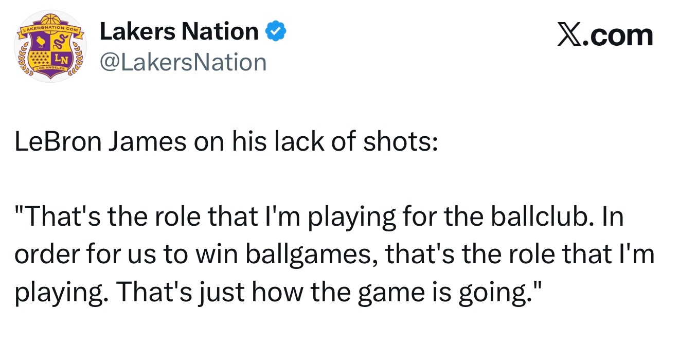 勒布朗谈到自己上半场没得分：“这就是我在球队中扮演的角色。为了赢得比赛，我必须扮