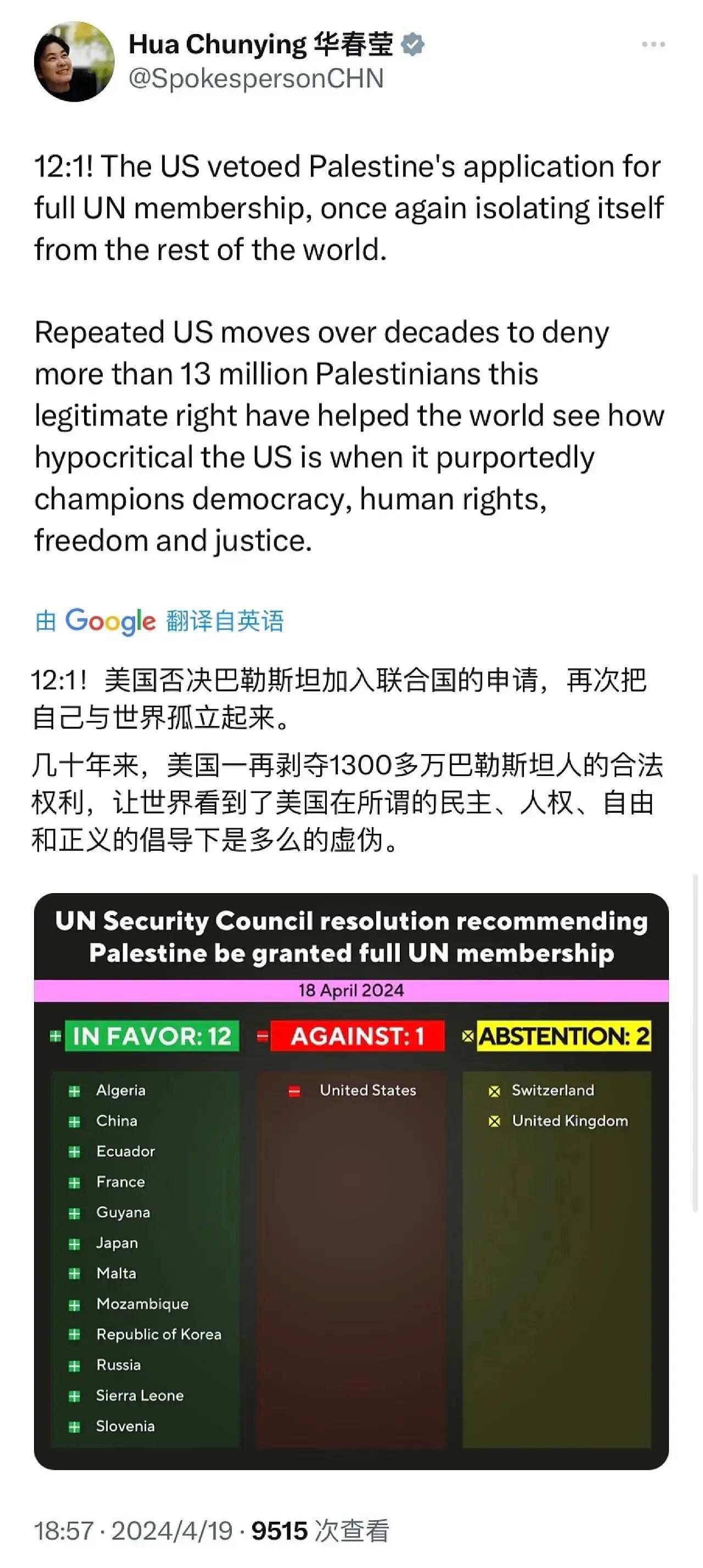 刚刚，华春莹猛批美国投巴勒斯坦否决票行为……
华姐说:“12:1！美国一票否决巴