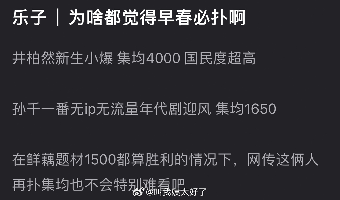 为什么大家都觉得早春必扑？井柏然新生小爆集均4000国民度超高，孙千一番无ip无