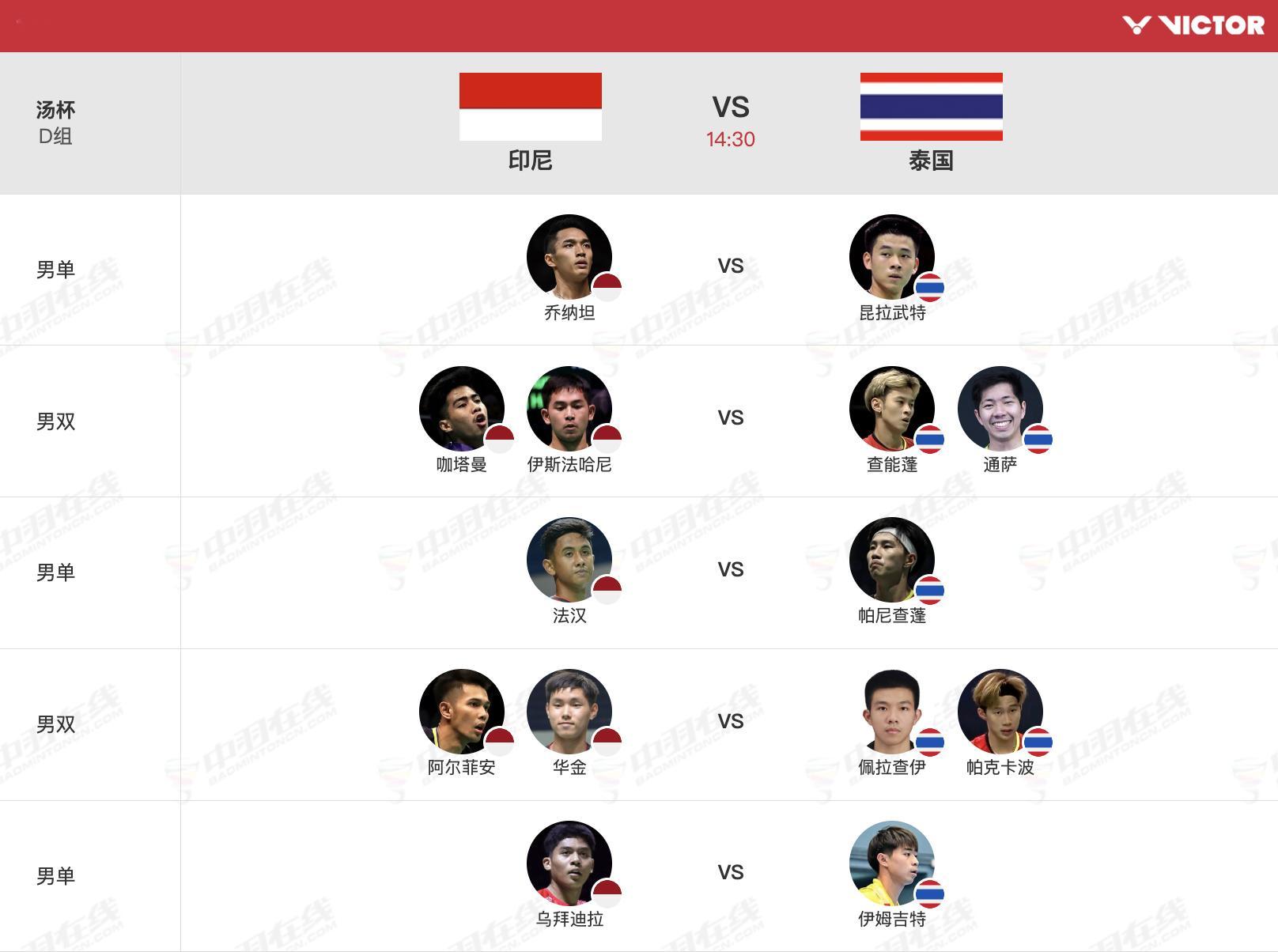 2026年汤尤杯 4月26日下午14点30分小组赛对阵：1号场地【汤杯D组：印尼
