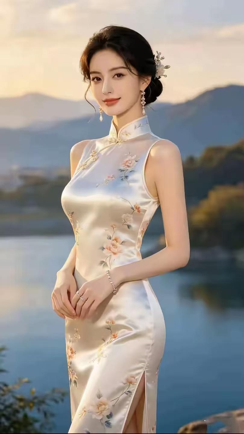 清江引·湖畔旗袍佳人
晚照平湖山影杳，
独立汀洲俏。
旗袍蕴雅芳，
云鬓珠花绕，