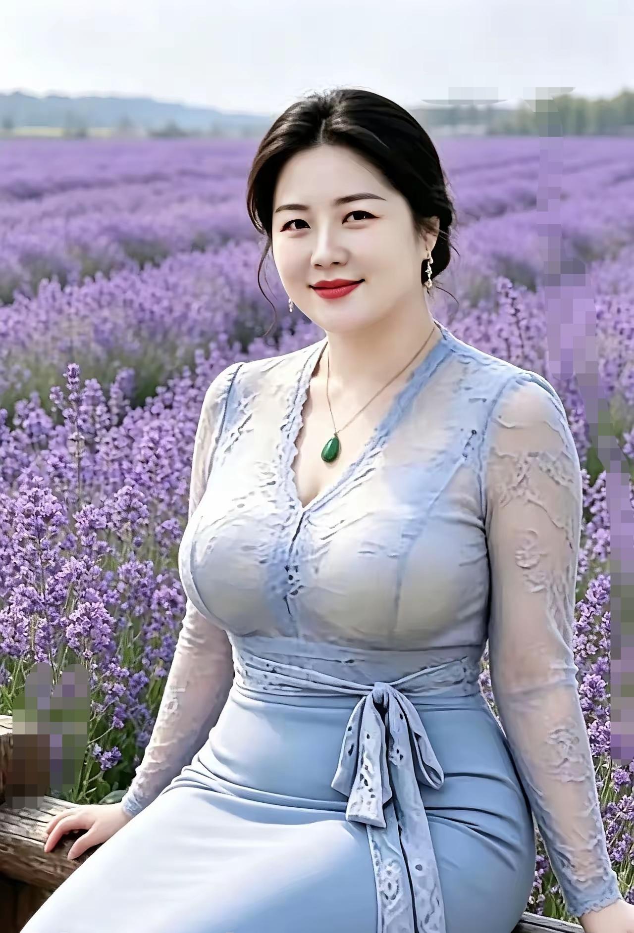 蓝色的花田，尽显美女高贵的气质