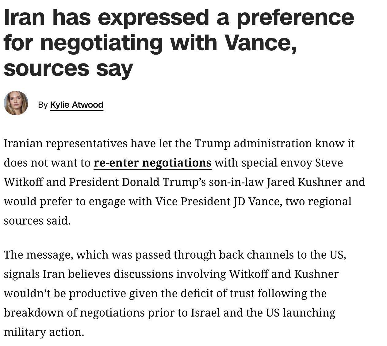 据英国《每日电讯报》24日报道，伊朗拒绝接受美国总统特使威特科夫和特朗普女婿库什