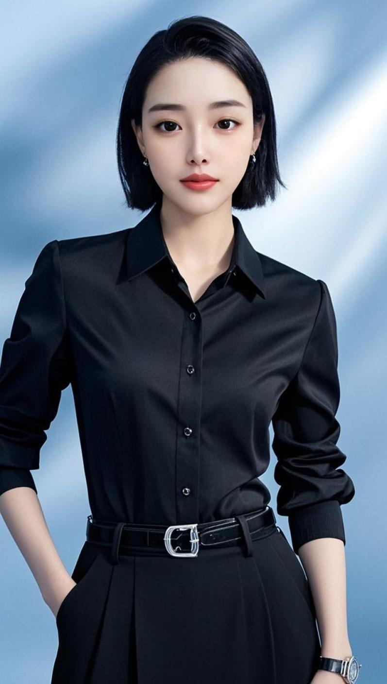 黑衣一袭裹身轻，肤若霜花映眼明。神秘暗生添韵致，恍如月下玉人行。。
