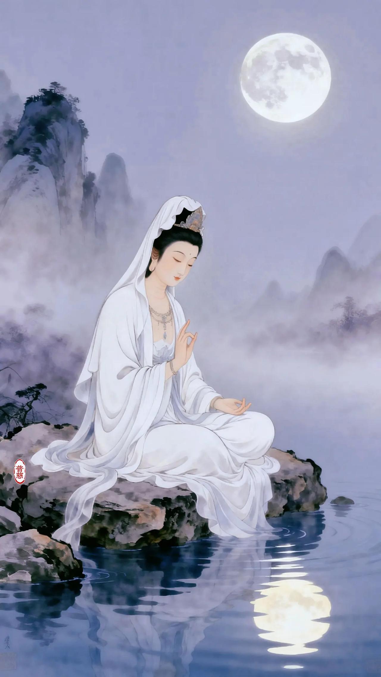 水月观音｜水月皆禅，万事释然。静观水中明月，参悟世间圆满。水月本是空灵，万事皆是