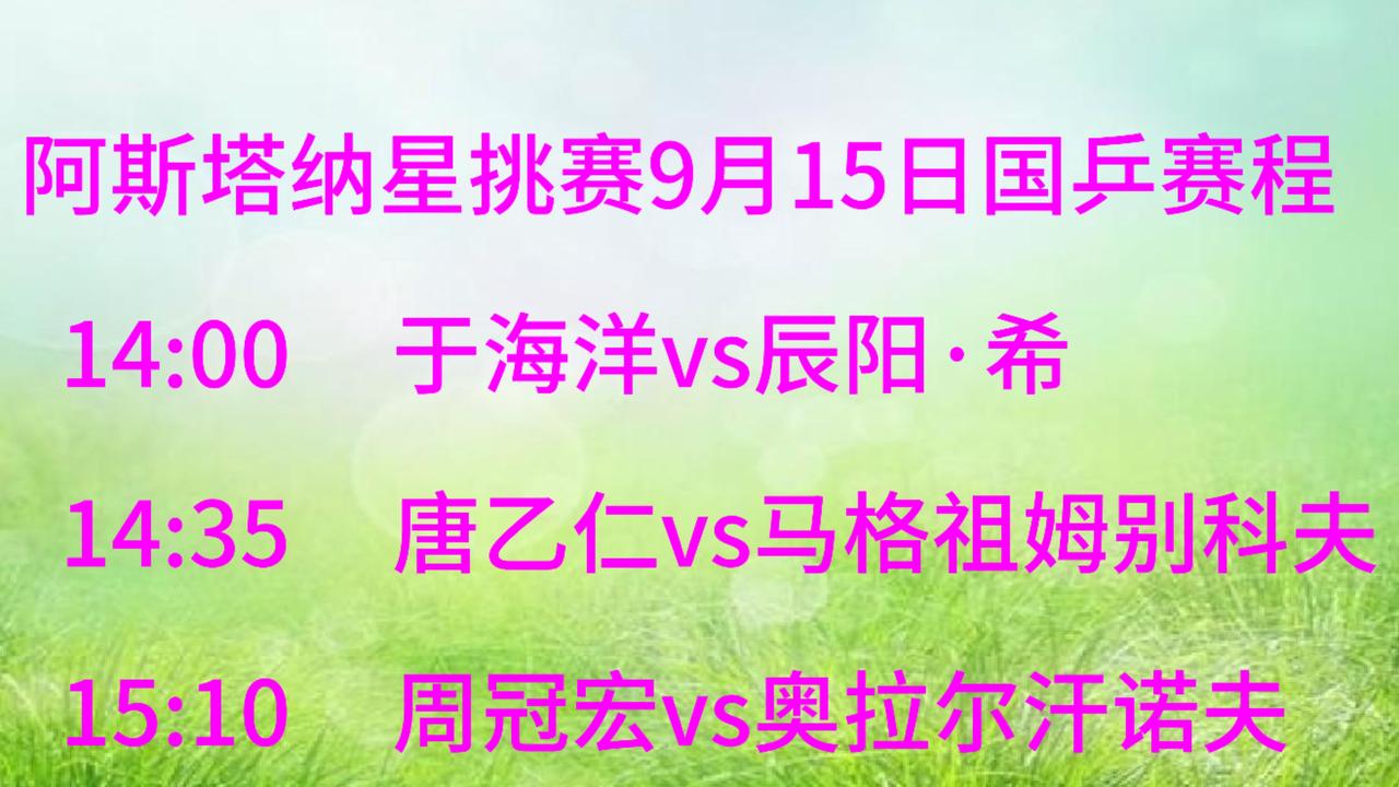 阿斯塔纳星挑赛9月15日赛程：国乒三小将试水资格赛
       9月15日，W