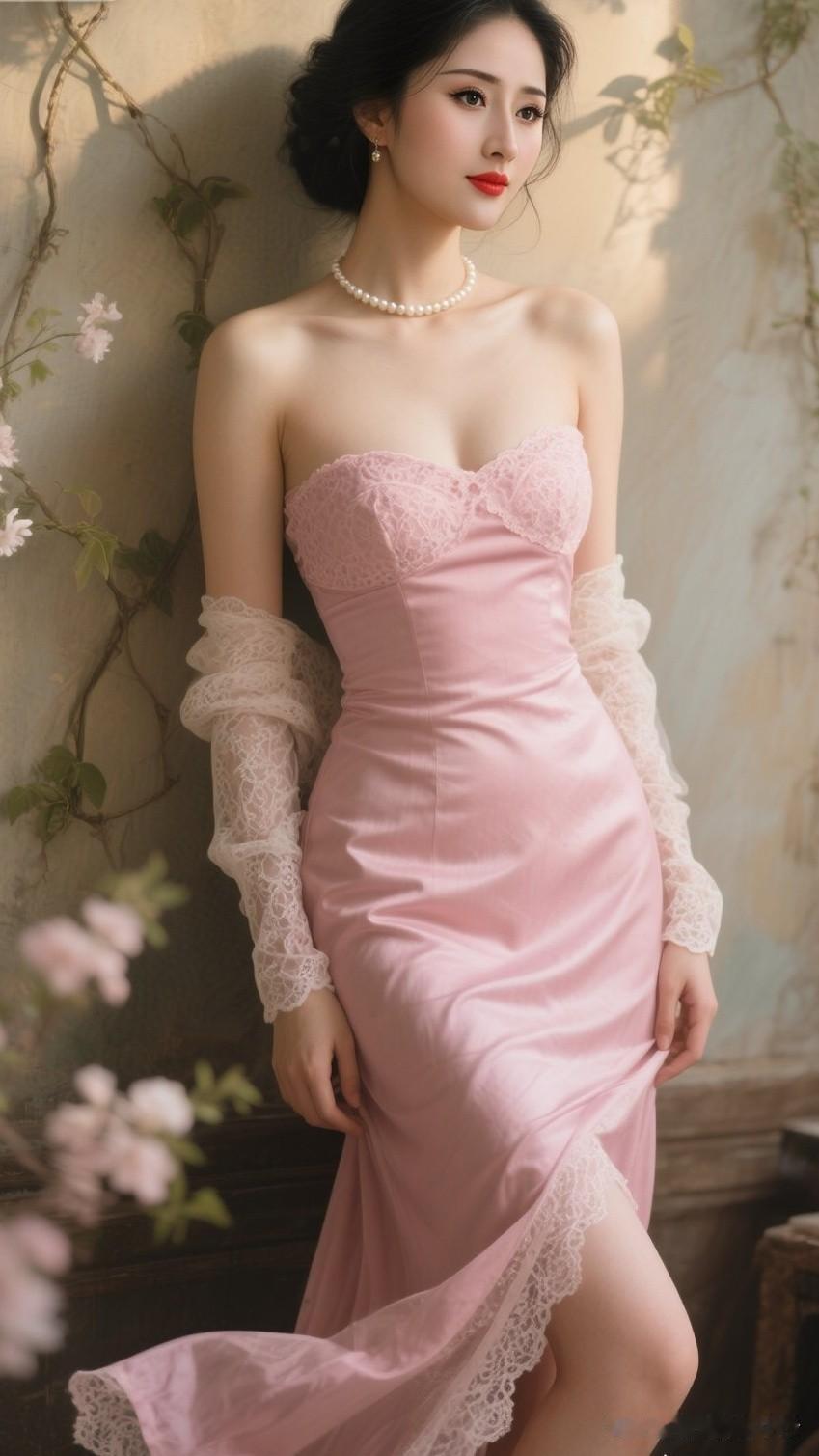温柔粉缎蕾丝礼服｜复古氛围感封神✨
 
雾粉抹胸缎面裙搭配透感蕾丝袖套，收腰开叉