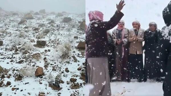 沙特阿拉伯下雪了，居民兴奋舞动 沙地阿拉伯罕见降雪，境内北部与西北部多地的沙景致