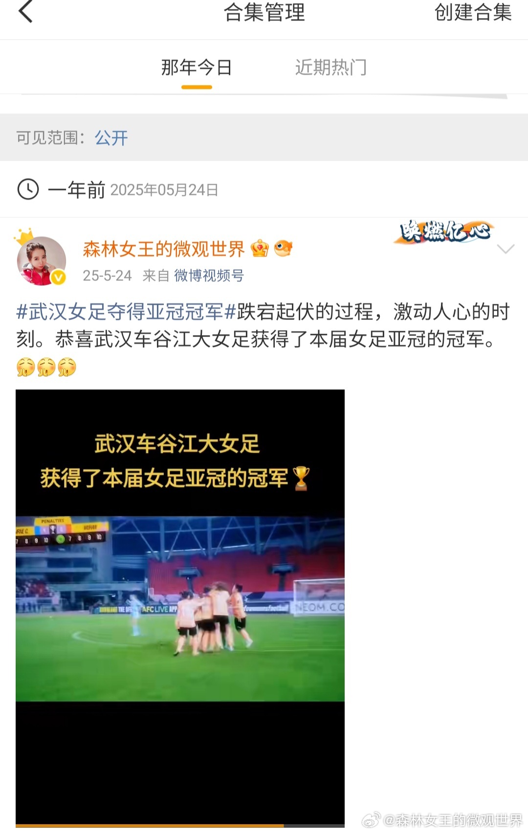 中国女足 去年今日，武汉女足获得女足亚冠的冠军。当时收看时的激动万分心情，依旧历