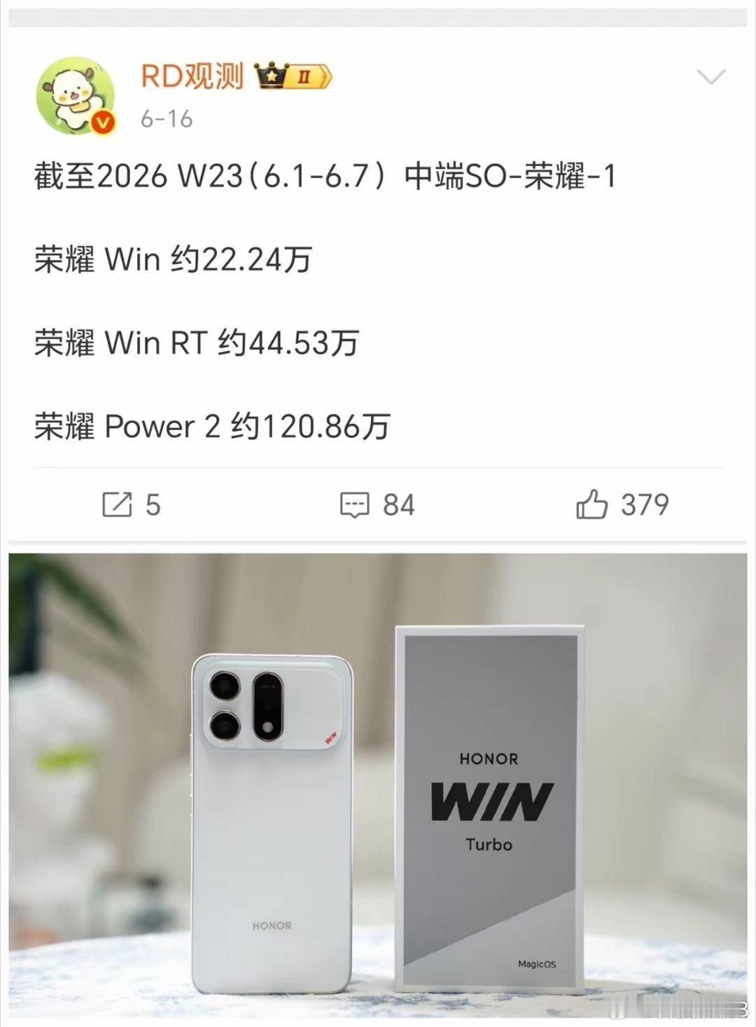 根据最新一周行业统计数据，荣耀WIN与WIN RT两款机型合计销量接近67万台，