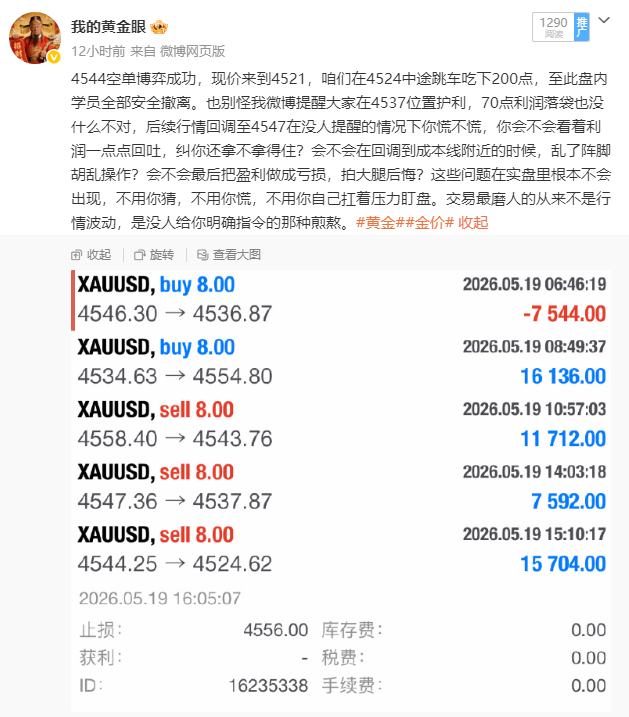总结：5月19日共做五单，四胜一负。总盈：550点。 4545多单4536离场，