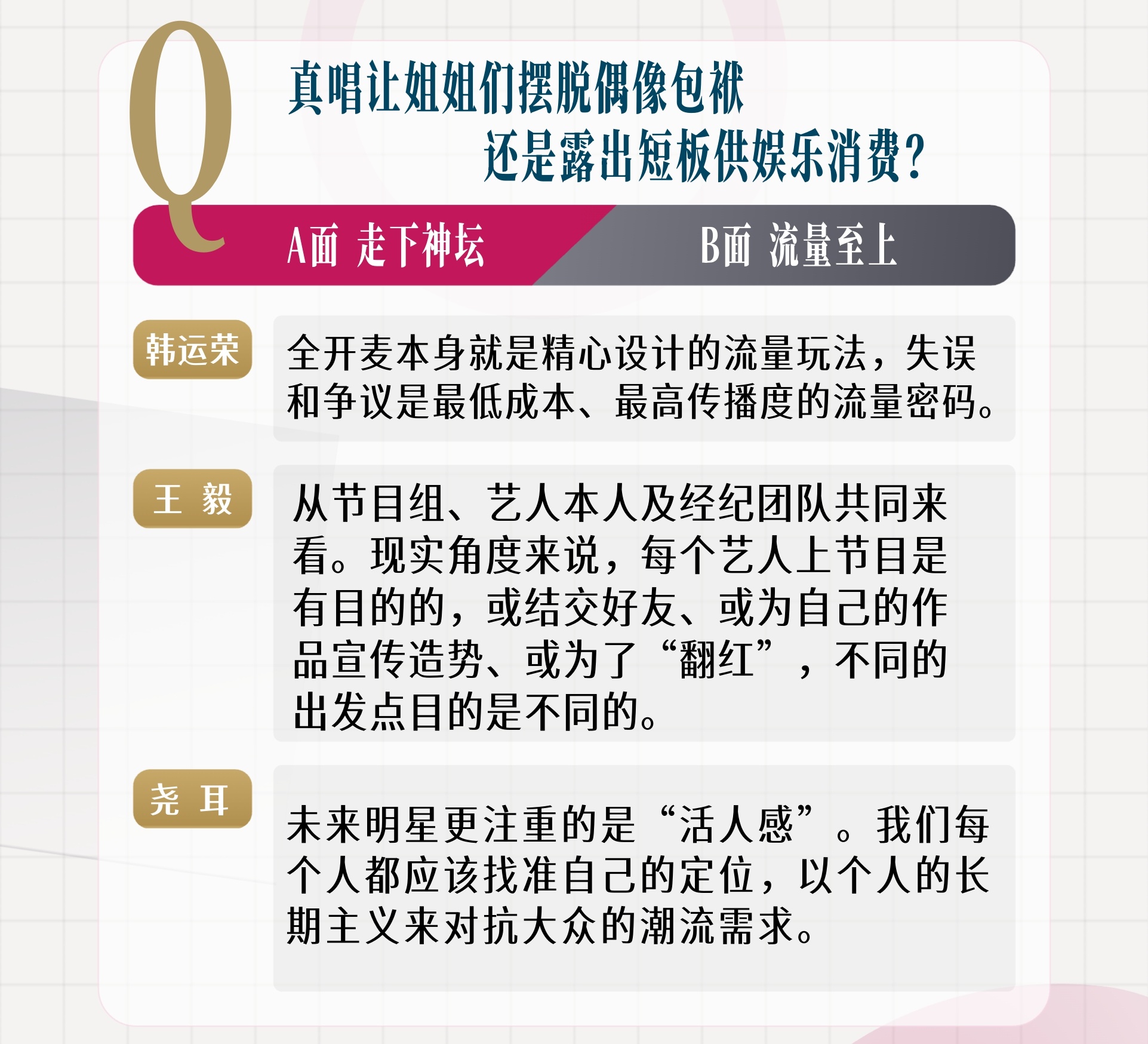【思辩娱论场之浪姐的真唱试验】Q1：观众现在喜欢“全开麦”，是想听好歌，还是想看