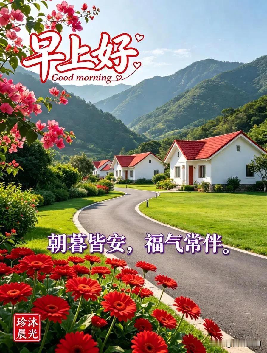 山花映青山，朝暮皆平安，福气常相伴，早安。