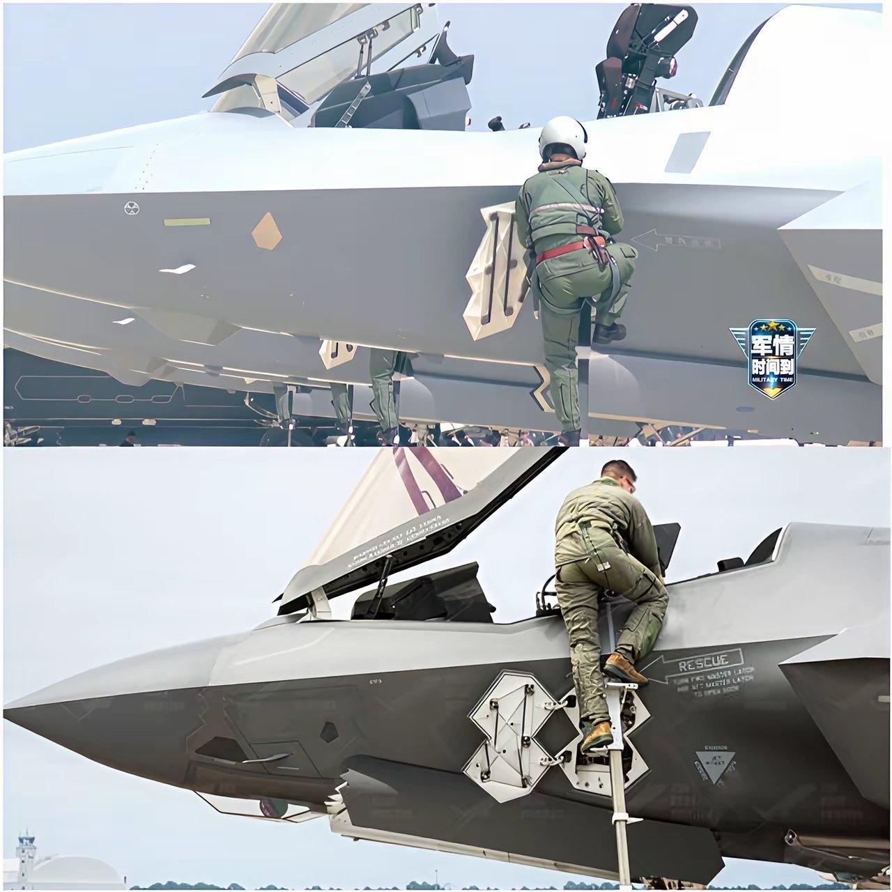 歼-35 的内置梯更进一步做到了“飞行员一键搞定自动伸缩”，F35内置梯是自带但