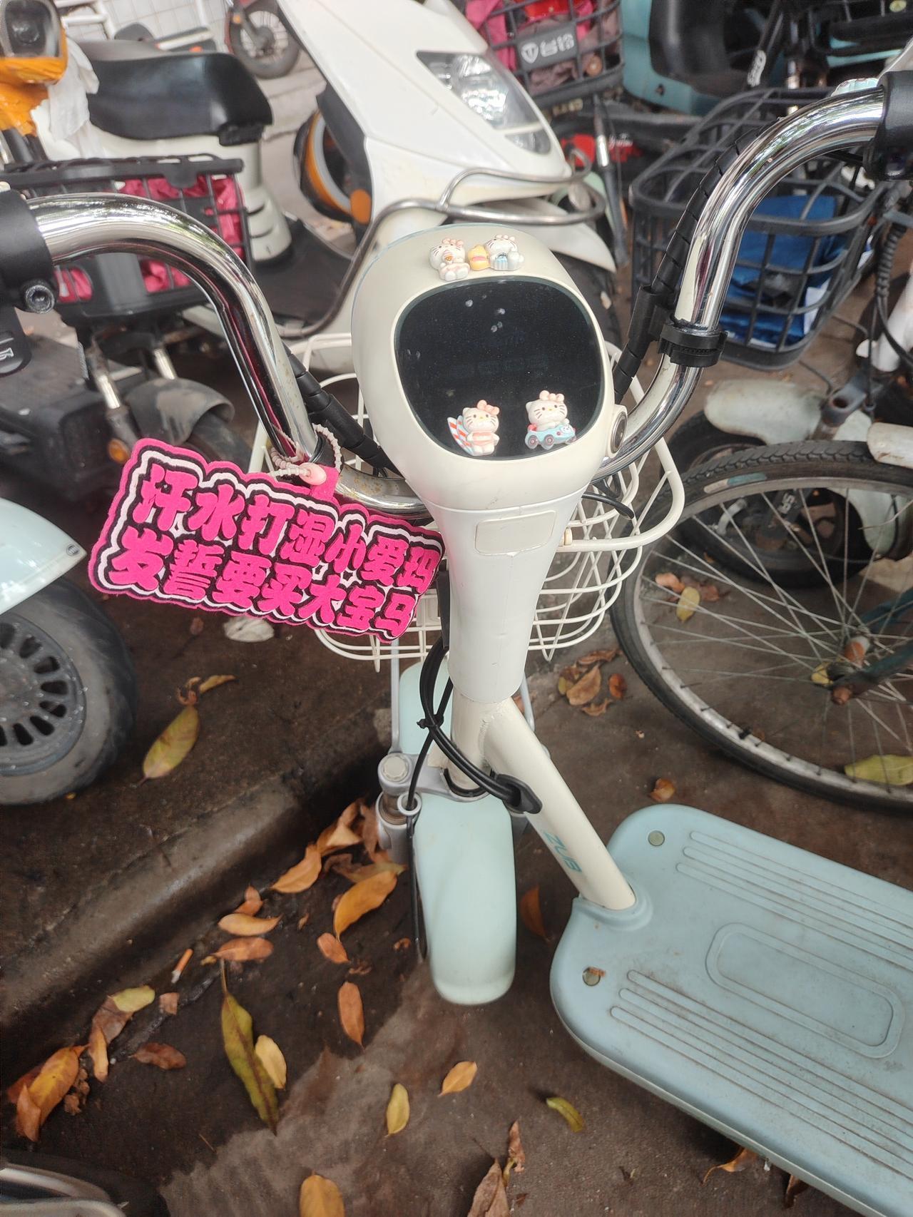 今天早上，上班停泊车时，我瞥见同事美女小姐姐的车把上挂着块俏皮的小牌子，写着：“