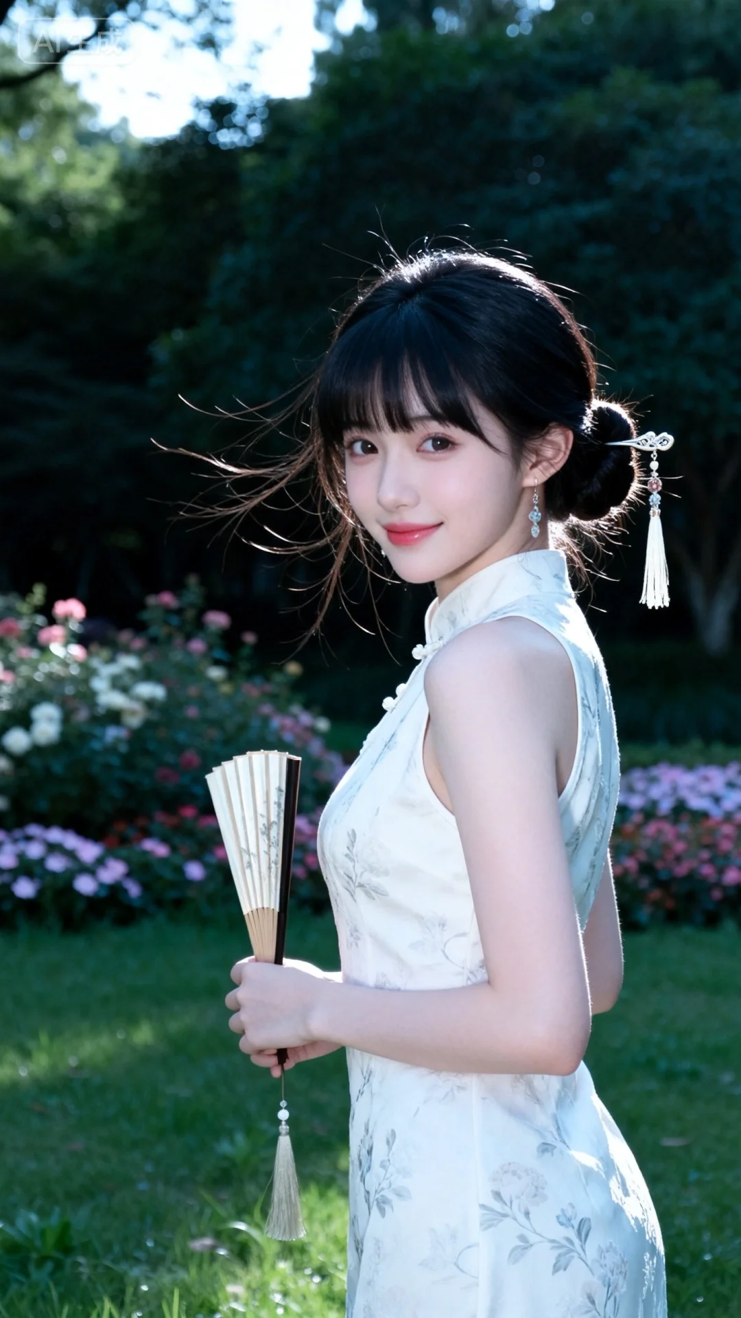 黑色头发梳成低发髻，空气刘海，古风流苏发簪，身材苗条皮肤白皙细腻光滑...