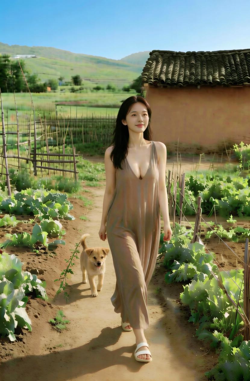 跟屁狗

田垄风轻蔬色新，
佳人闲步自怡神。
小黄颠颠随步履，
软毛柔柔拂罗裙。