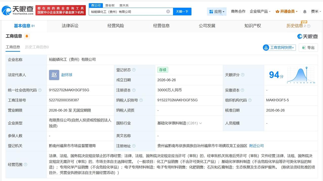 湖南裕能在贵州成立磷化工公司 注册资本3亿
天眼查App显示，近日，裕能磷化工（