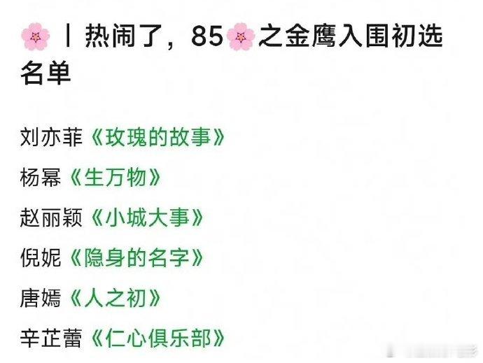 85花掉提 金鹰奖提名名单公布，刘亦菲、杨幂、赵丽颖、倪妮、唐嫣、辛芷蕾，85花
