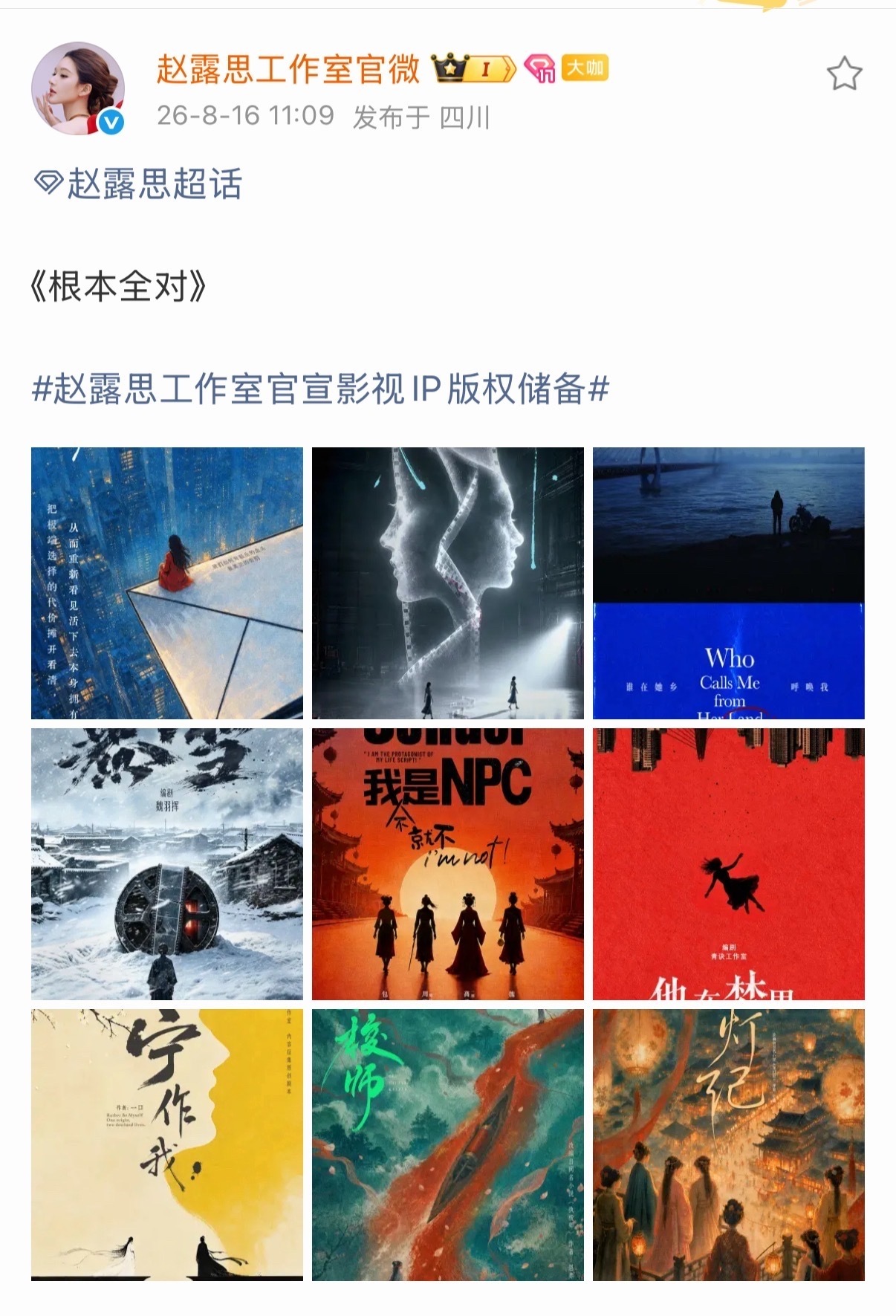 赵露思工作室发布了9个ip概念海报，说干就干，执行力满分，受够了加水注水逻辑不通