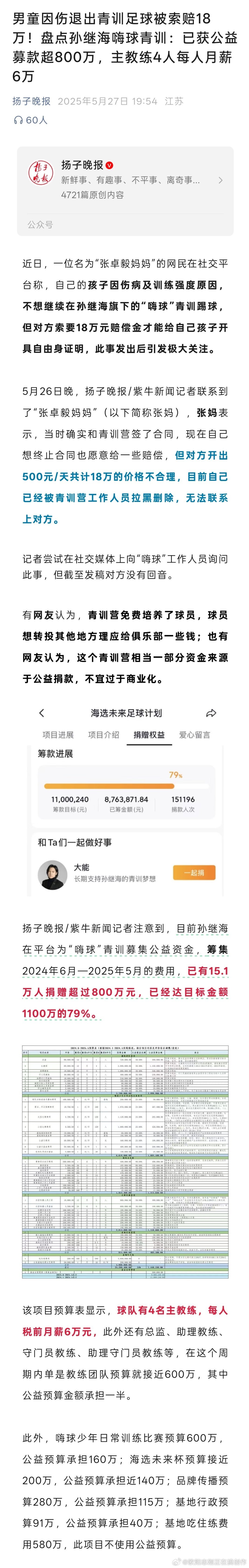 孙继海这青训主教练工资很高啊。对于这种公益募捐，我的理解，里面具体做事的人，就不