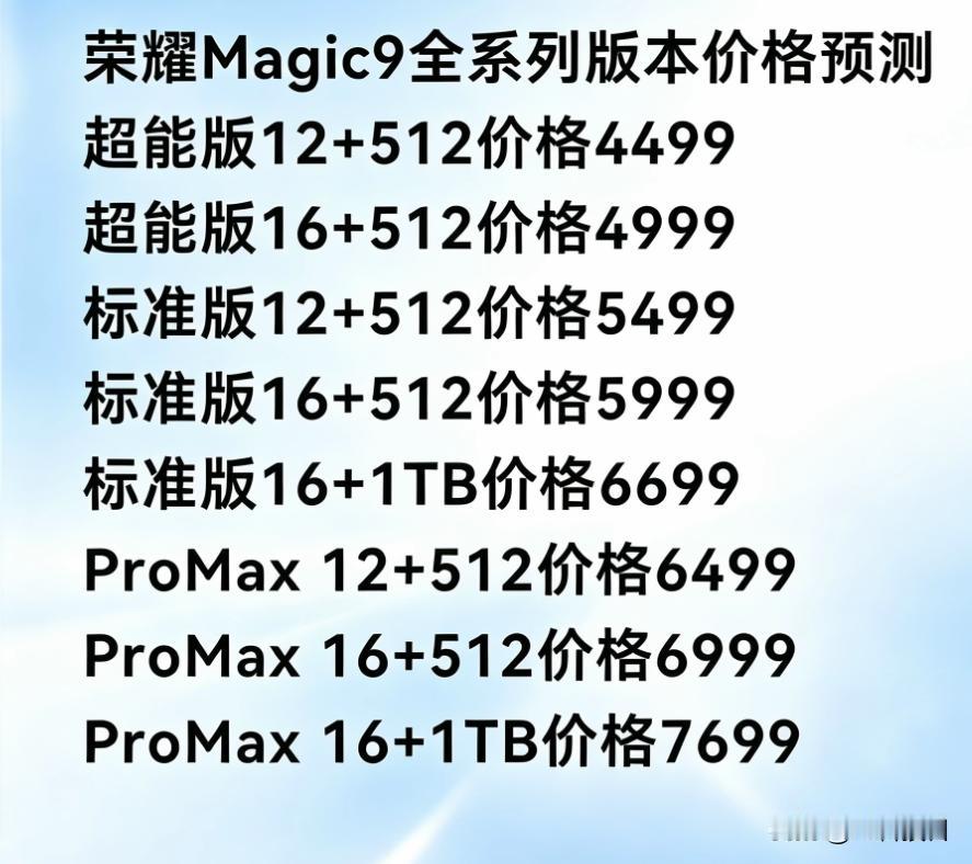 网友预测的荣耀Magic9系列价格，如果是这个价格，看着挺香啊，今年各家都涨价挺