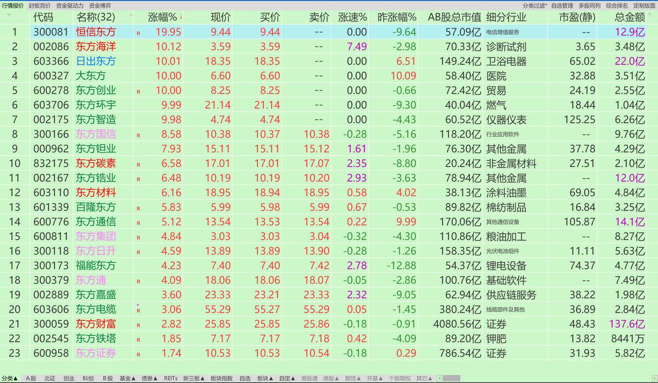 今天东方板块涨得多，有七个涨停了