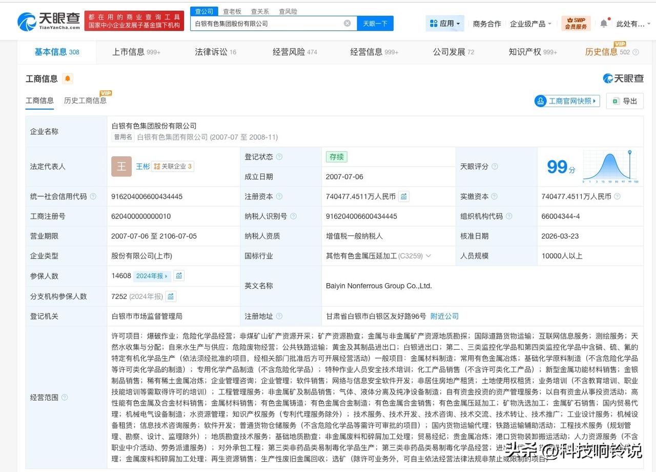 【白银有色换帅完成工商变更 王彬任白银有色董事长】
天眼查工商信息显示，近日，白
