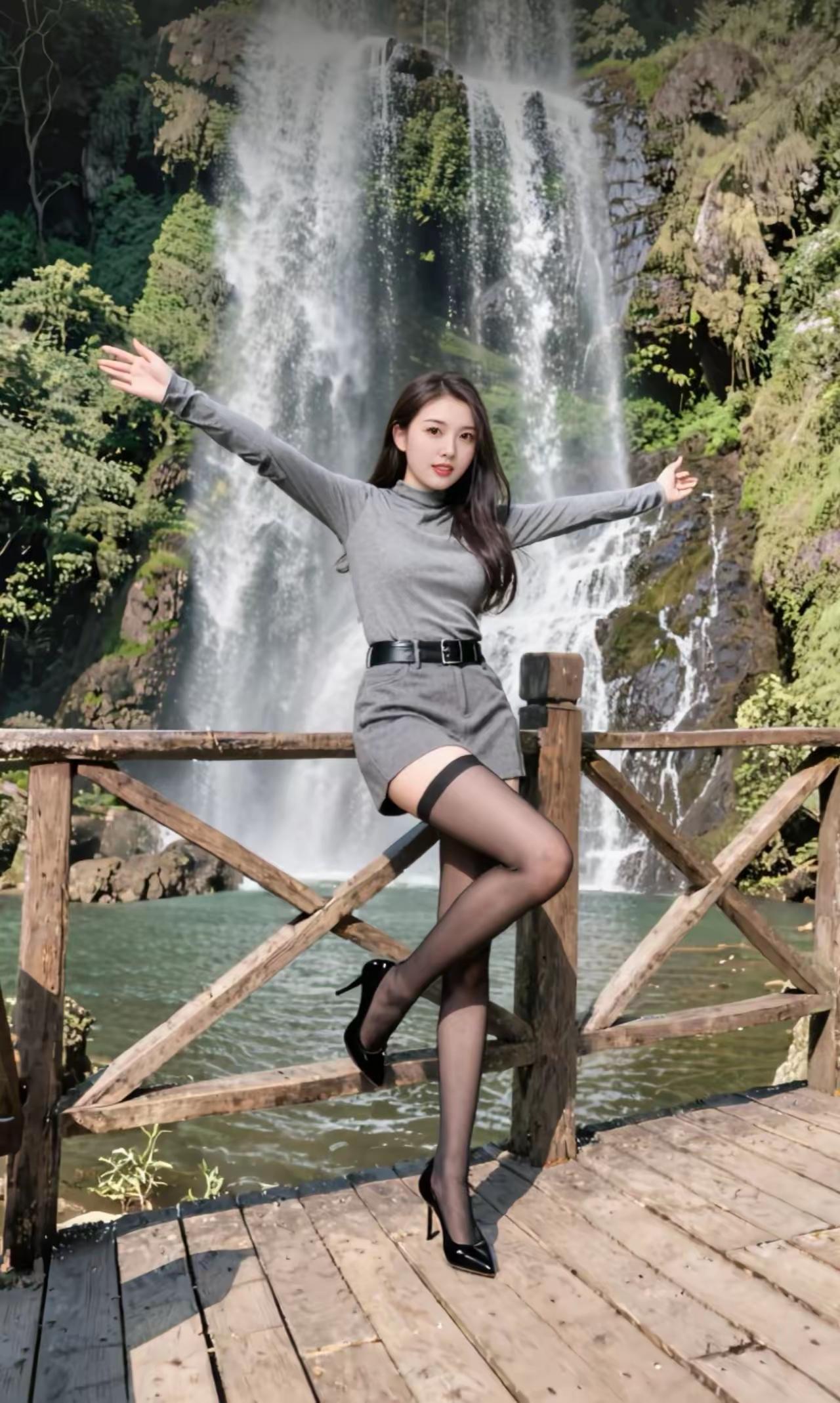 在瀑布前，优雅地伸展双臂，感受大自然的拥抱。
