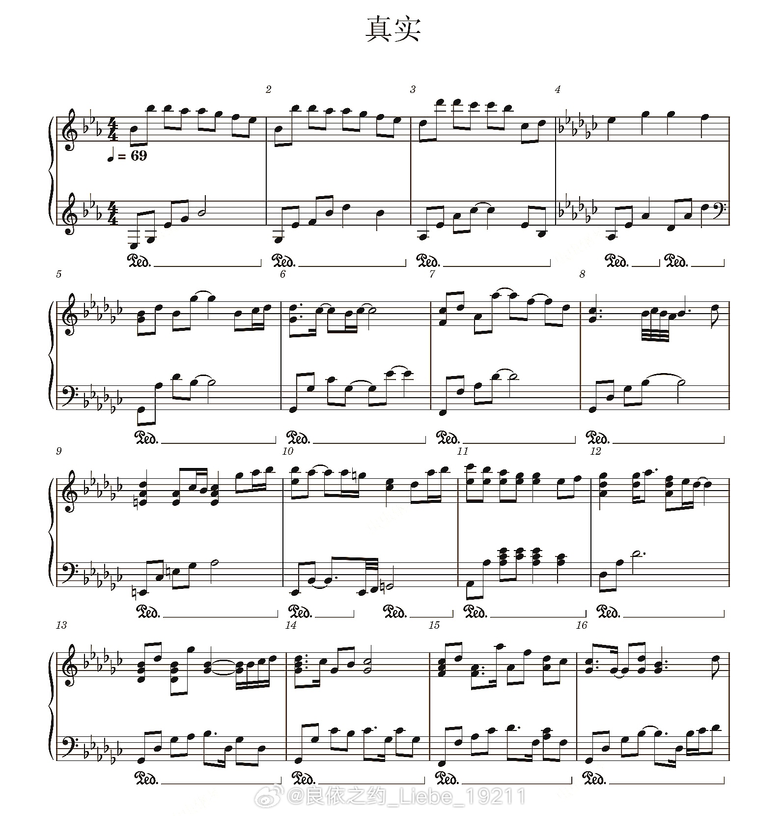 钢琴谱：张惠妹《真实》，Eb调，徐世珍作词，Won Tae Yeon/Cho K