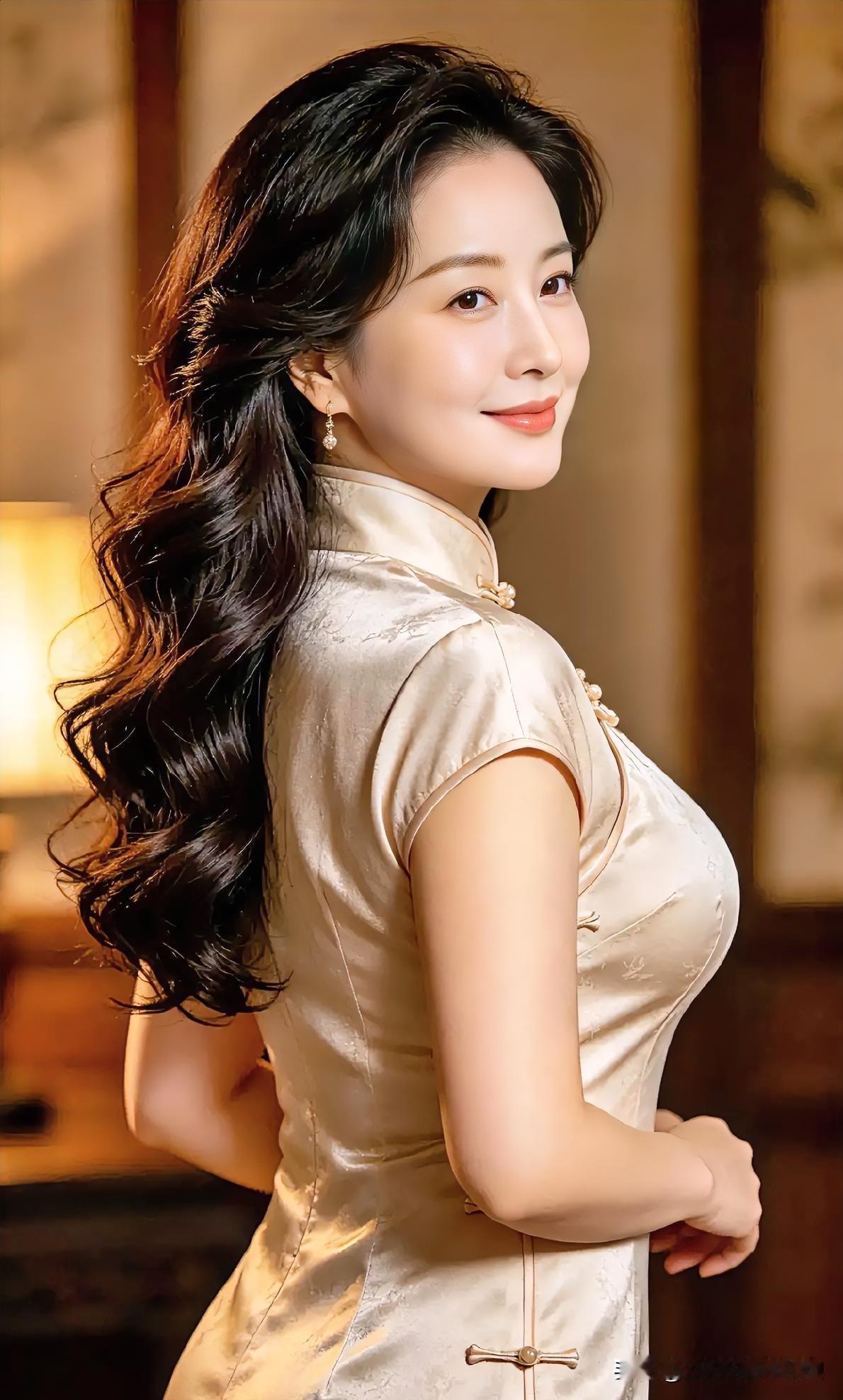 香槟色旗袍流转温润光泽，卷发轻垂，勾勒出东方美人的曼妙风姿。