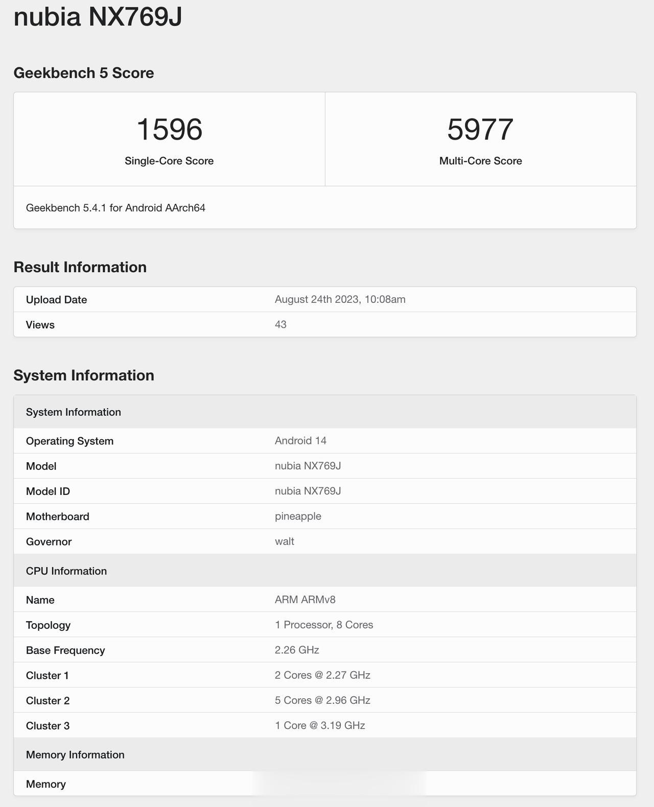 疑似「骁龙8 Gen3常规版」跑分曝光，来自努比亚新机，Geekbench 5单
