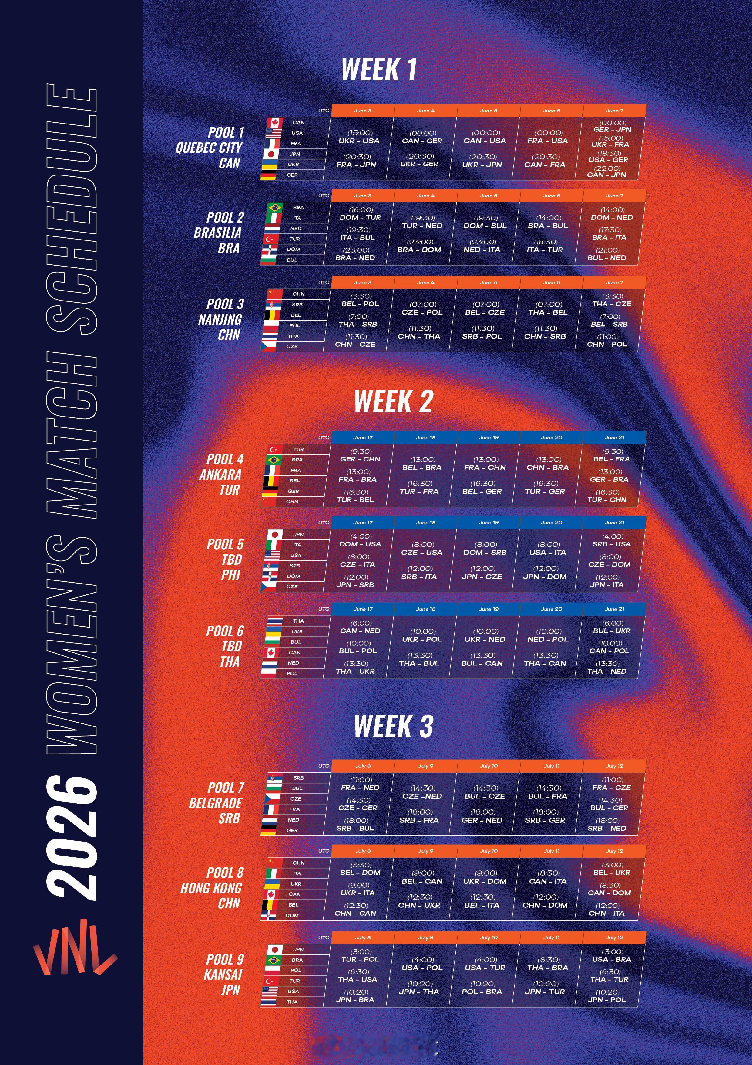 国际排联公布2026世界女排联赛 和2026世界男排联赛 分站赛的完全赛程（图一