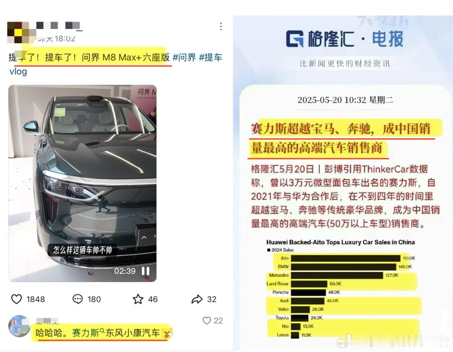 博主提了一辆问界M8发视频，显眼的一条评论是“哈哈哈，赛力斯东风小康”。评论者殊