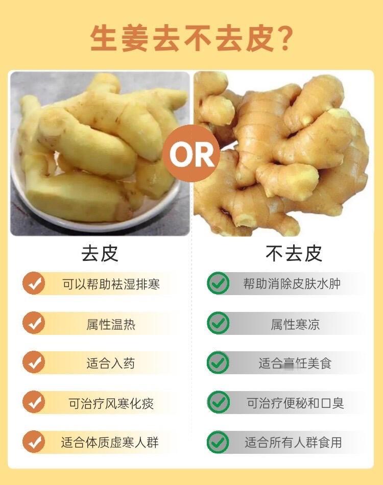 生姜性温，能化痰止咳、散寒解表、降逆止呕；而姜皮是凉性的，能利水消肿。生活中是否